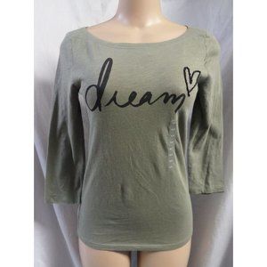 "LOFT" GREEN DREAM GRAPHIC BEADED HEART 3/4 SLEEVES T-SHIRT TOP SIZE: XS NWT